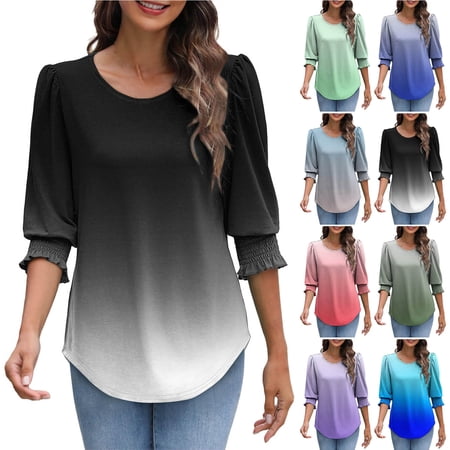 YHAJDS Womens Topss Half Sleeves Gradient Print 3/4 Sleeve Elastic Cuff Round Neck Casual Spring Summer Shirts Womens Tops