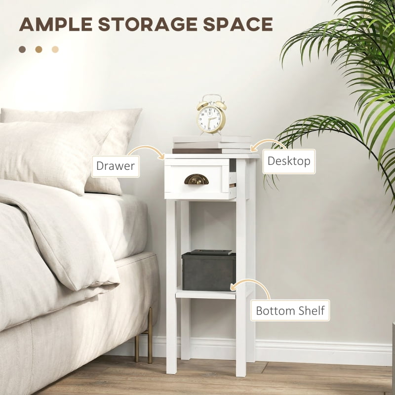 HOQBN 2-Tier Side Tables Set of 2 with Drawer and Shelf, 2-Piece Bedside Table Set for Living Room and Hallway, White