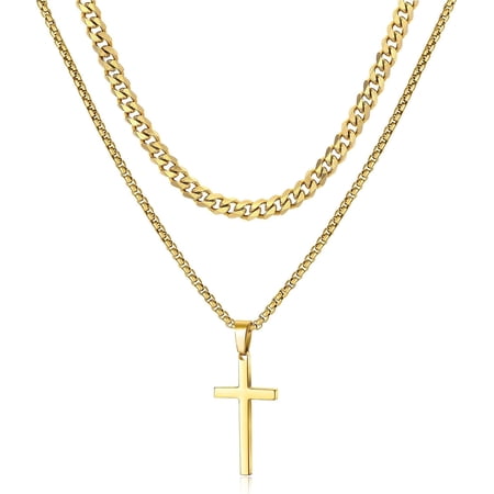 Cross Necklace for Men,Gold Black Silver Stainless Steel Layered Cross Pendant Necklace Jewelry Gifts Cuban Chain Box Chain Necklace for Men Women 16-26 Inches