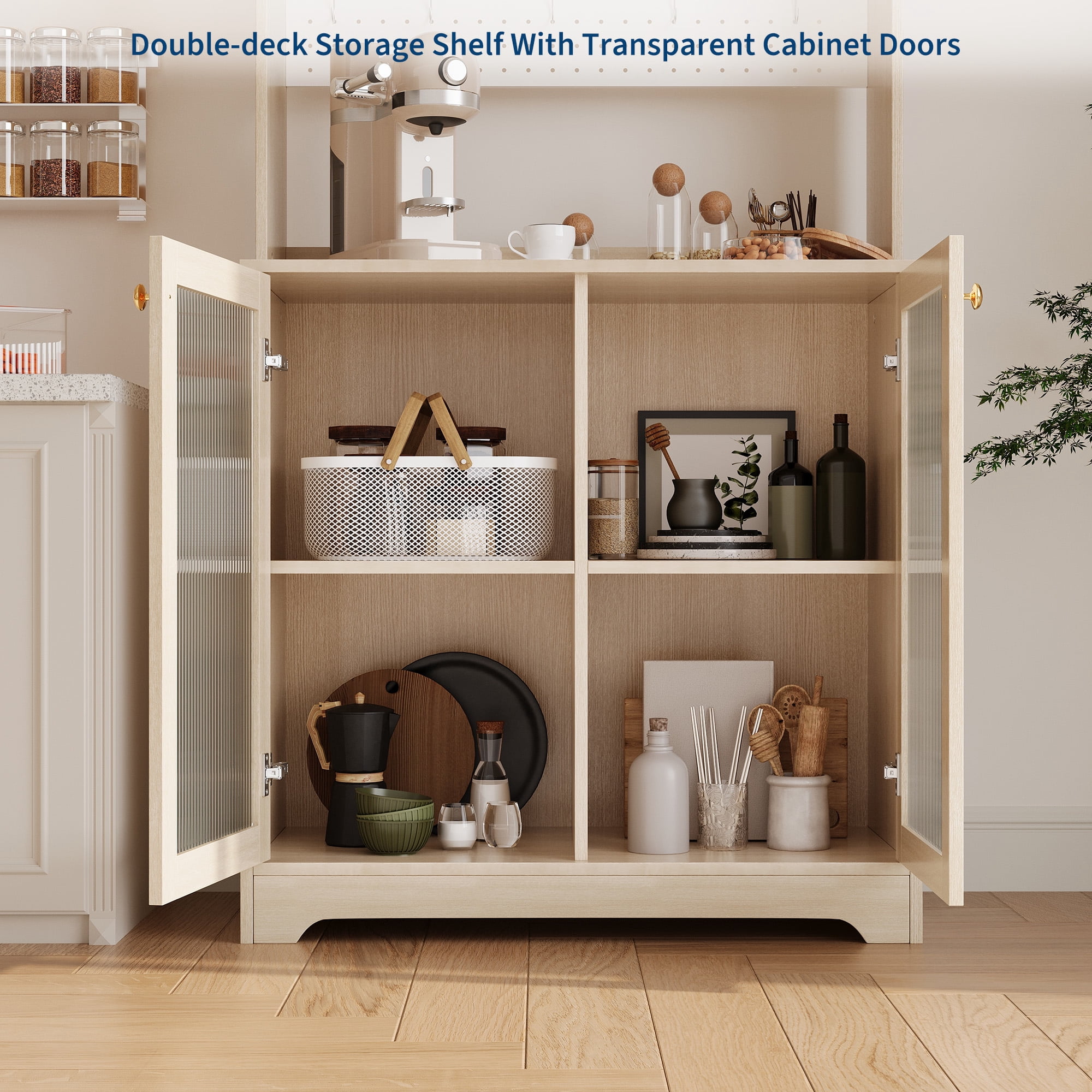 AOILE Tall Pantry Cabinet with Glass Doors & Shelves, Freestanding Kitchen Storage Organizer for Dining or Living Room