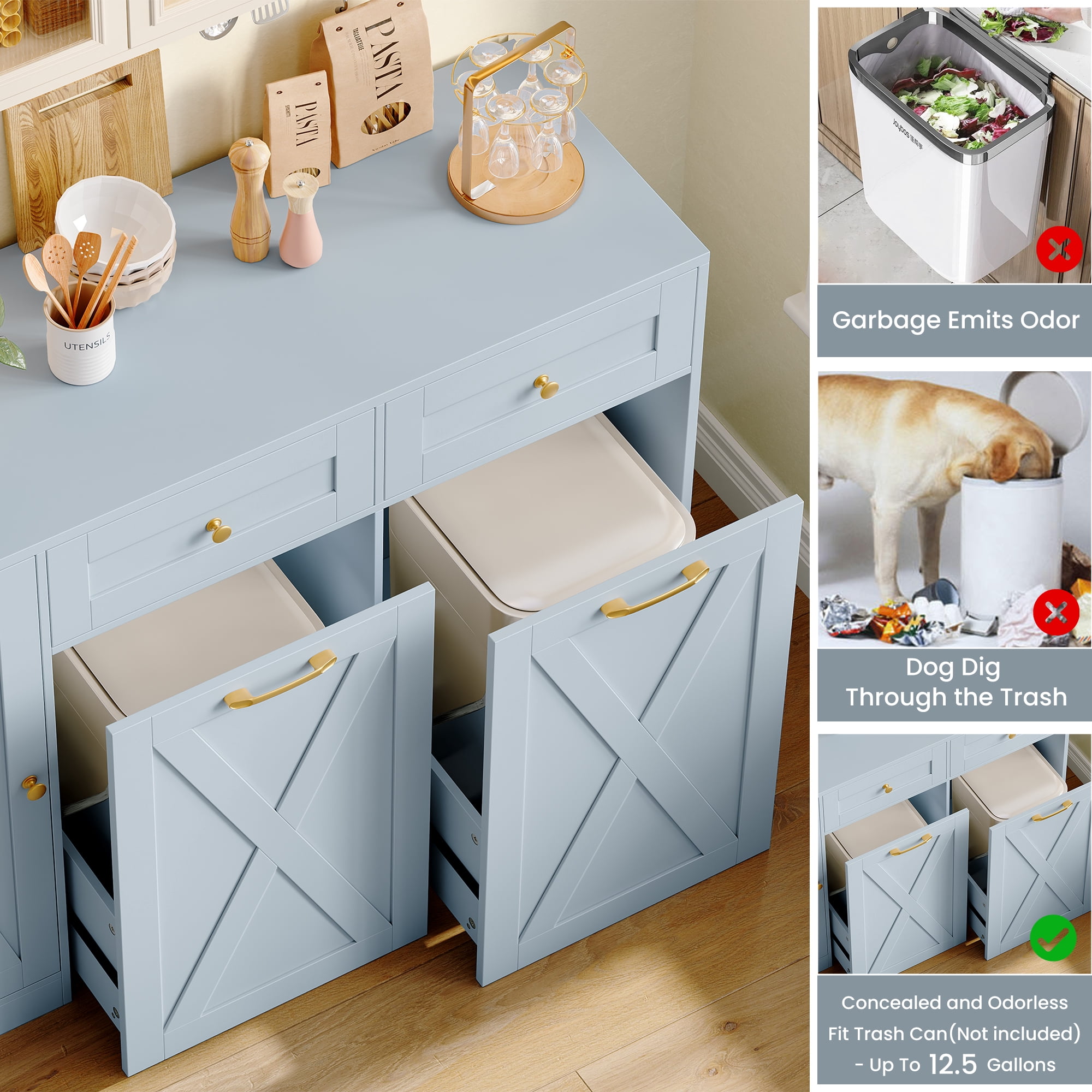 Homfa 47.2"W Kitchen Sideboard Credenza, Trash Can Cabinets Fits 12.5 Gallon Can, 2 Drawer Wood Buffet Storage Cabinet with Adjustable Shelf, Blue