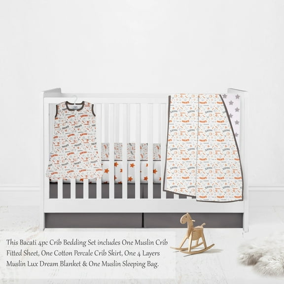 Bacati - Basketball 4-Piece Muslin Crib Bedding Set with Sleep Sack - Orange/Grey Boys
