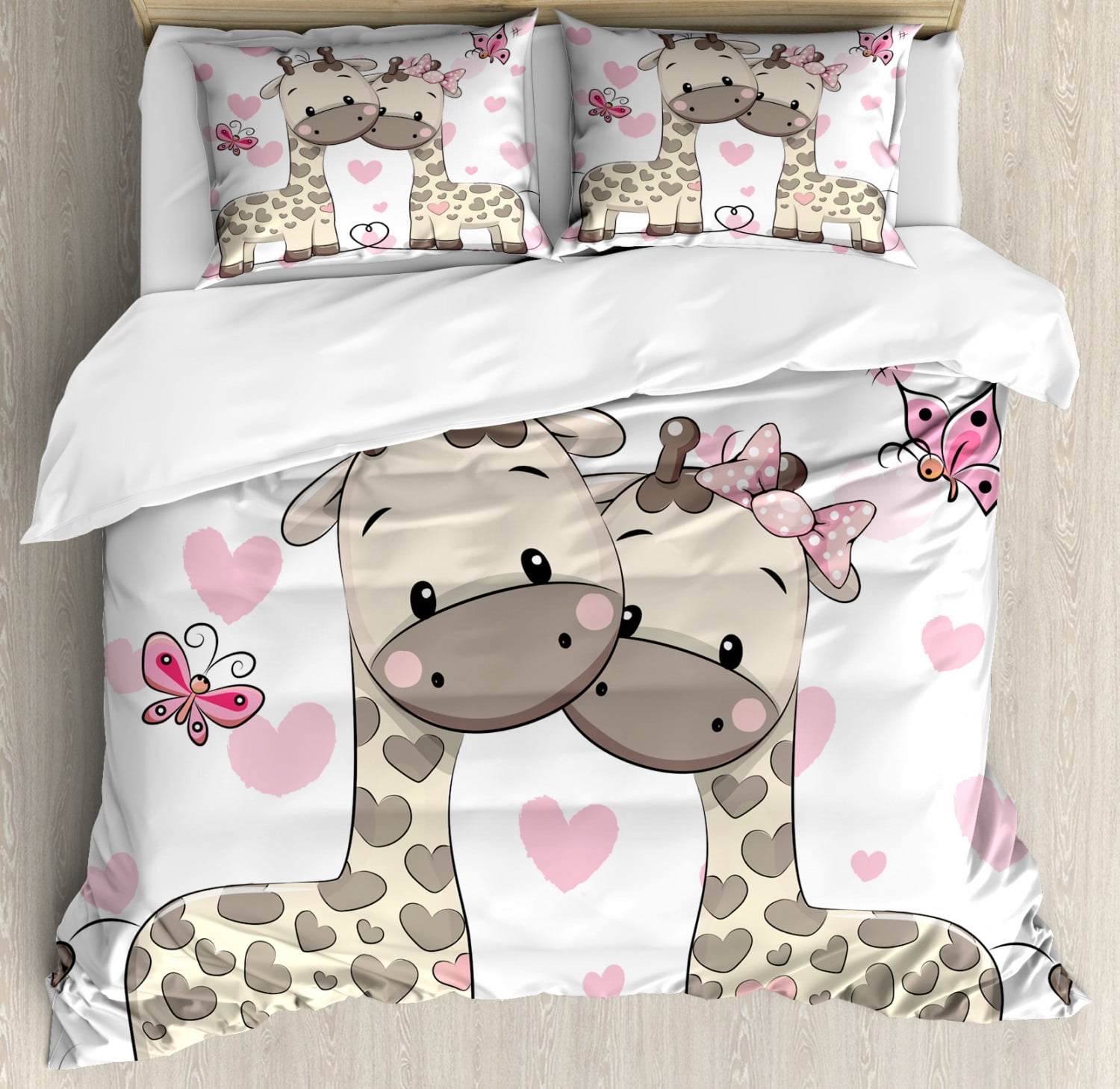 Kids Duvet Cover Set, Cute Giraffes Baby in Pure Love with Butterflies