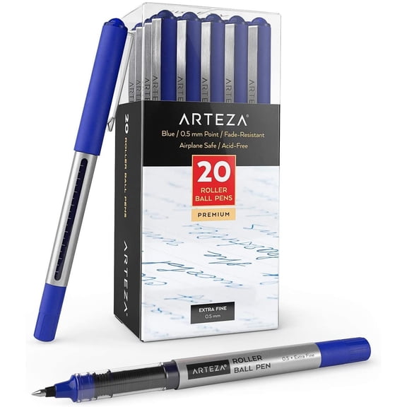 Arteza Roller Ball Pens, Blue Ink, 0.5 mm Extra Fine Point, 20 Pack