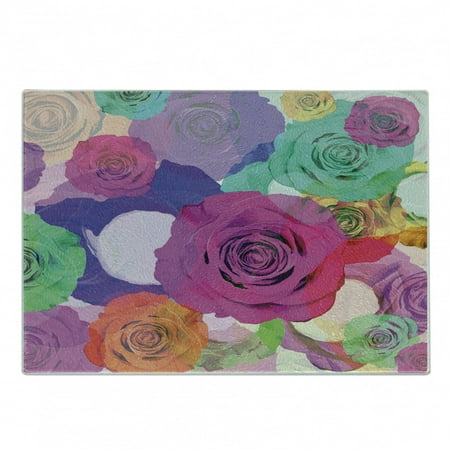 

Art Cutting Board Floral Arrangement with Vivid Roses Nature Flowers Botany Love Print Decorative Tempered Glass Cutting and Serving Board Small Size Magenta Turquoise by Ambesonne