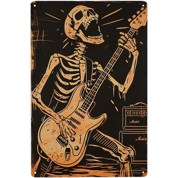 Vintage Metal Tin Sign Skeleton Playing Guitar Retro Wall Decor for Home Coffee Bar Kitchen, 12 x 8 Inch