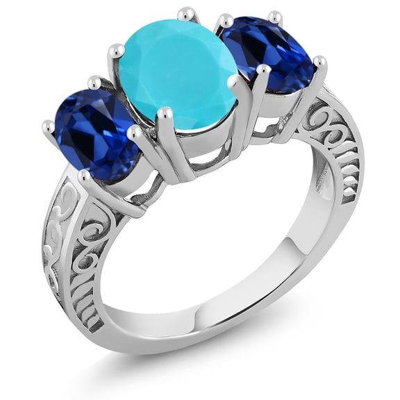 Gem Stone King 3.50 Ct Oval Green Turquoise Blue Created Sapphire 925 Sterling Silver Ring (Size 6)