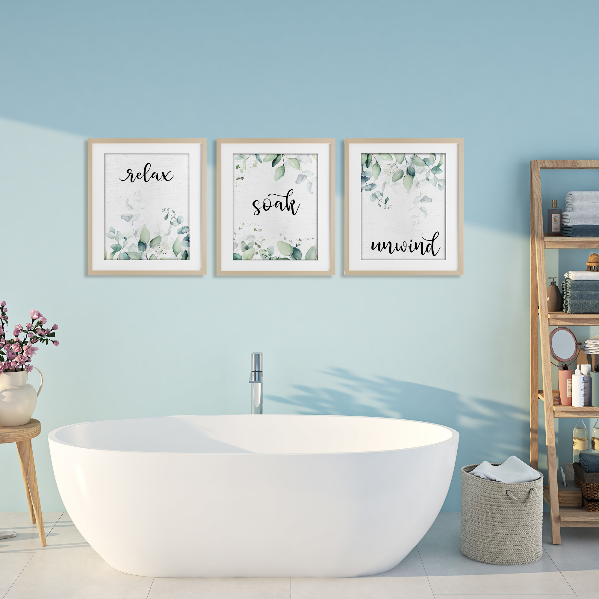 Leafy Bathroom Herbs 3 Piece Birch Framed Print Under Glass Set, design by Lettered and Lined