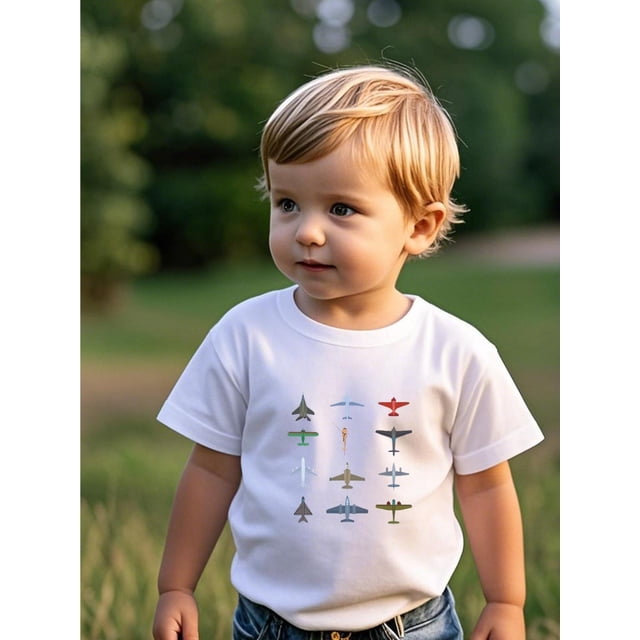 Boys' 100% Cotton Short Sleeve T-Shirt with Colorful Airplane Print - Breathable Round Neck Casual Top for Youngsters 5-14 Years, Machine Washable Casual Attire, Everyday Youngsters's Top | Colorful
