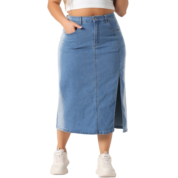 Falda de mezclilla de mujer plus size Agnes Orinda, de cintura alta, con abertura lateral, botones y bolsillo, talla 1X, azul claro
