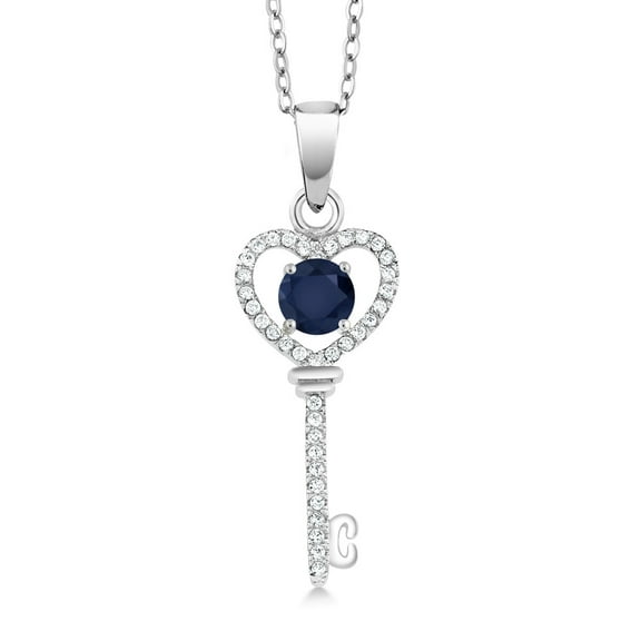 Gem Stone King 925 Sterling Silver Blue Sapphire Heart Key Pendant Necklace for Women (1.04 Cttw, Gemstone Birthstone, with 18 inch Silver Chain)
