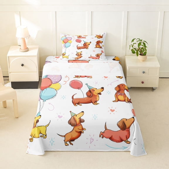 Homewish Dachshund Animal Twin Sheets,Colorful Balloon Heart Bedding,3-Piece,1 Fitted Sheet and 1 Pillowcase