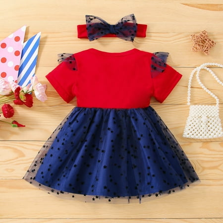 

ZMHEGW Toddler Girls Short Sleeve Independence Day Letter Printed Dress 4Th Of July Kids Stars Tulle Princess Dresses Headbands