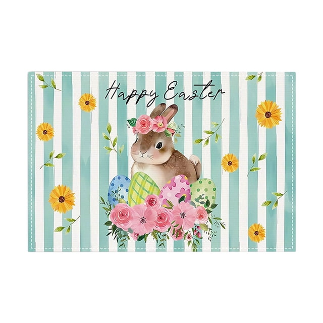 B 12X18 Inch Linen Easter Placemat With Flower Basket And Egg Design Heat Resistant Washable For Dining Table Kitchen Spring Decoration