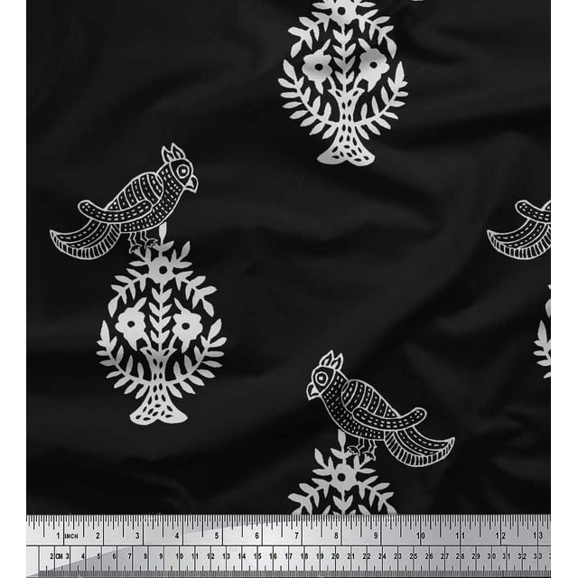 Soimoi Poly Georgette Fabric Leaves,Bird & Floral Block Print Fabric by The Yard 52 Inch Wide
