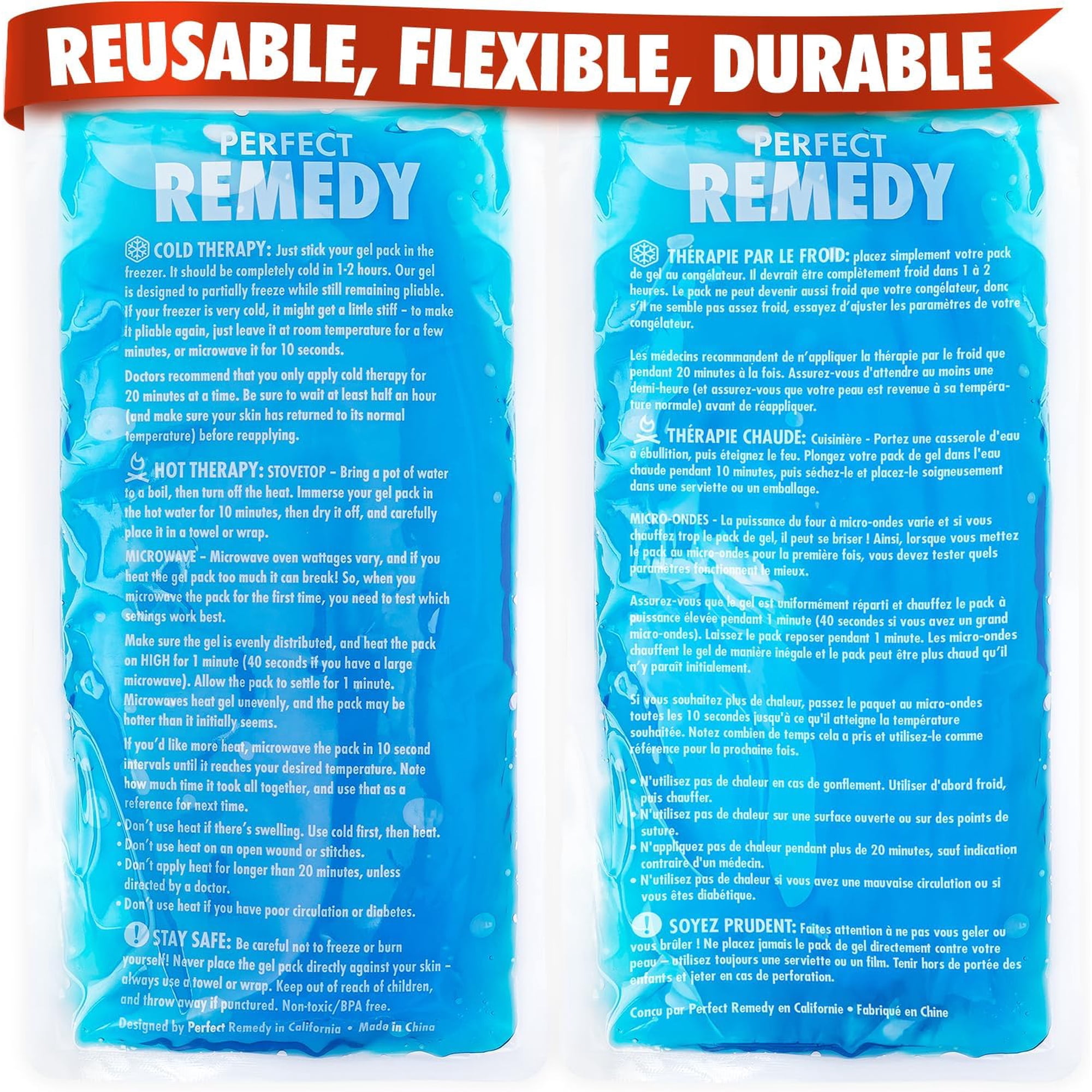 Perfect Remedy Gel Ice Packs for Injuries Reusable Hot Pack & Cold Pack Compress for Injury, Pain Relief, Rehabilitation, Flexible Therapy, for Knee, Back, Neck, Wrist, Ankle (2 Pack - Blue
