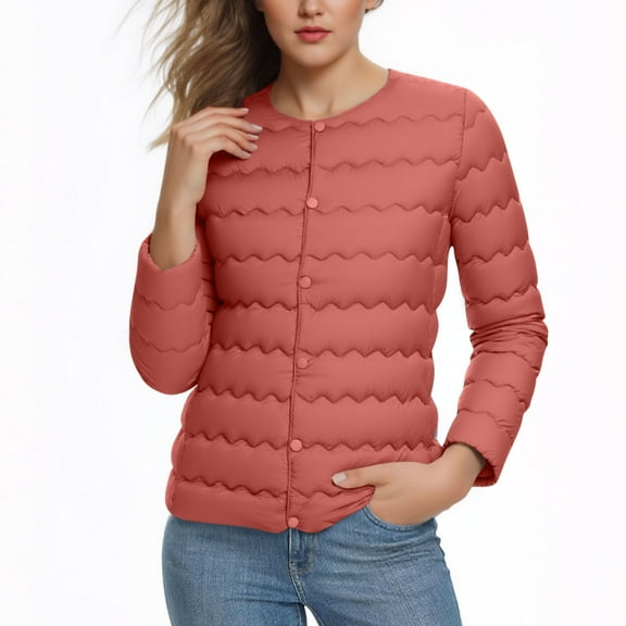 Itsame Women Puffer Jackets Winter Coats Pocket Solid Color Button Cotton for Women Waterproof Jacket Watermelon Red Size 4XL