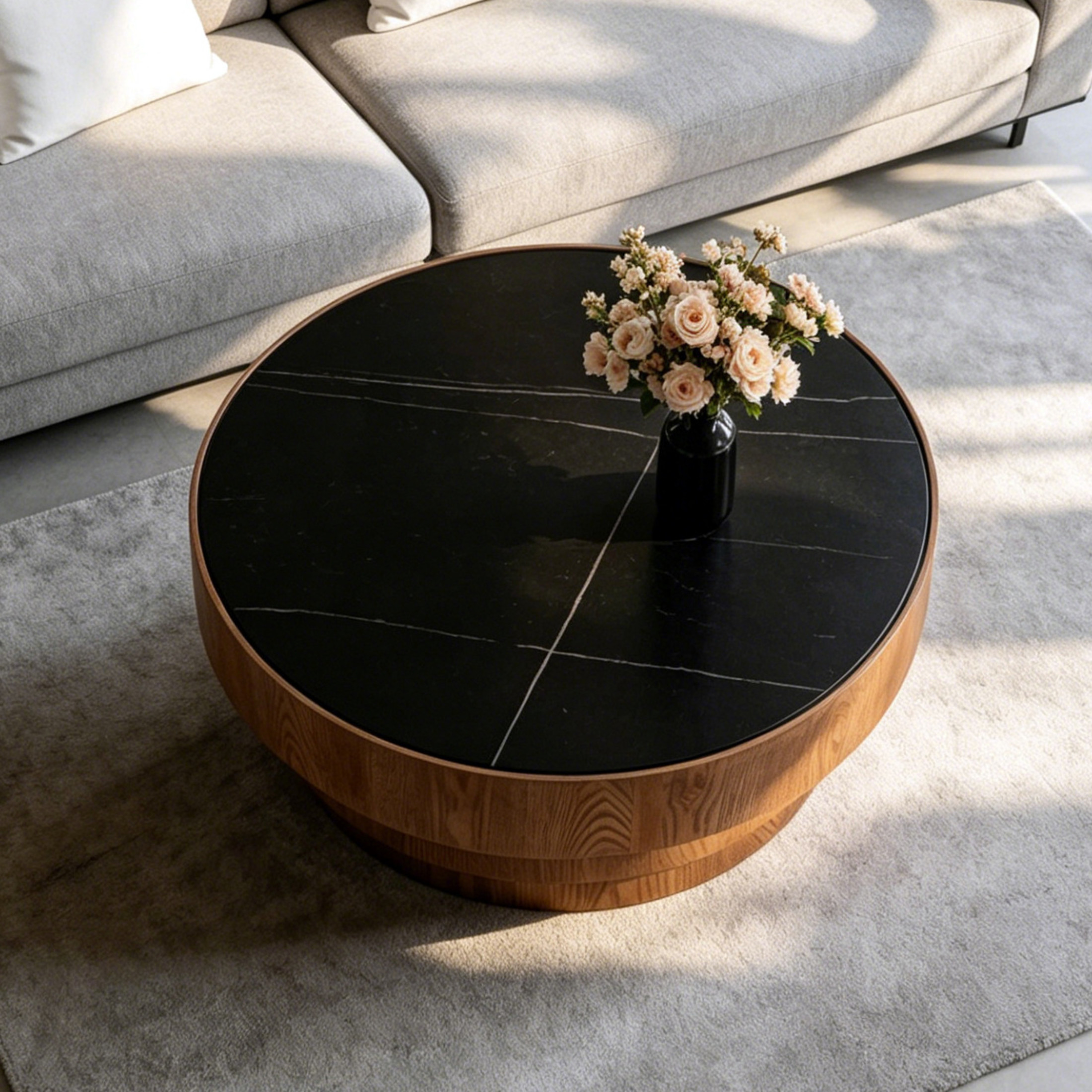 Noble House Carlen 31.5" Round Sintered Stone Coffee Table with Tiered Wood Veneer Base for Living Room, Black & Walnut