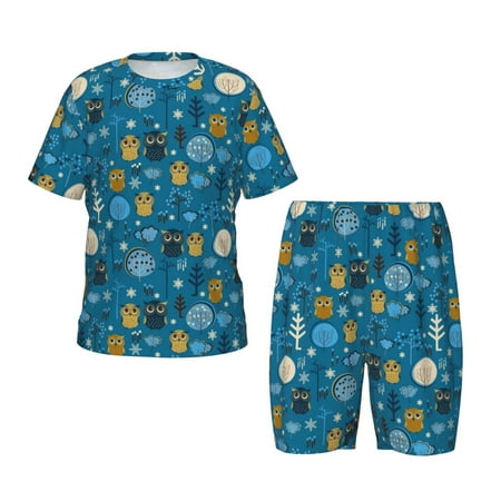 Luyuia Cute Colorful Owls And Trees Print Girls  2-Piece Tie-Dye Pajama Set  Cute Summer Loungewear with Shirt and Tank Shorts Nightwear-Medium