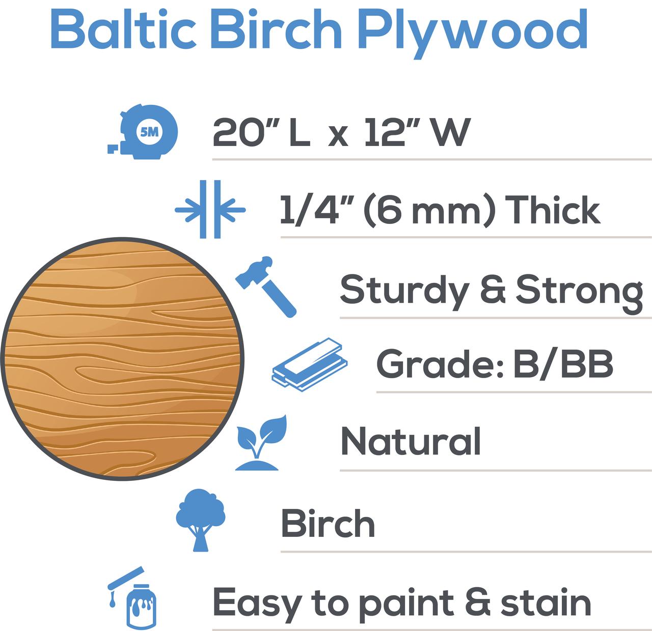 Baltic Birch Plywood, 6 mm 1/4 x 12 x 20 Inch Craft Wood, Pack of 25 B/BB  Grade Baltic Birch Sheets, Perfect for Laser, CNC Cutting and Wood Burning,  by Woodpeckers 