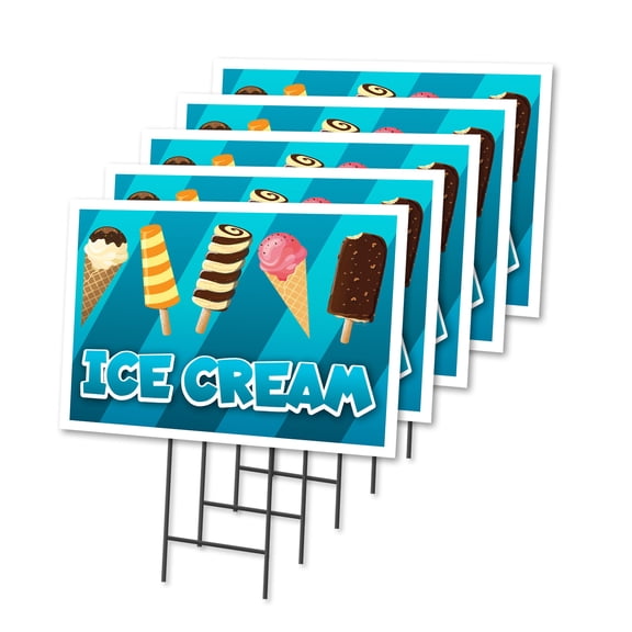 Ice Cream 5 Pack Of 18" x 24" Yard Sign & Stake | Advertise Your Business | Stake Included Image On Both Sides | Made in The USA