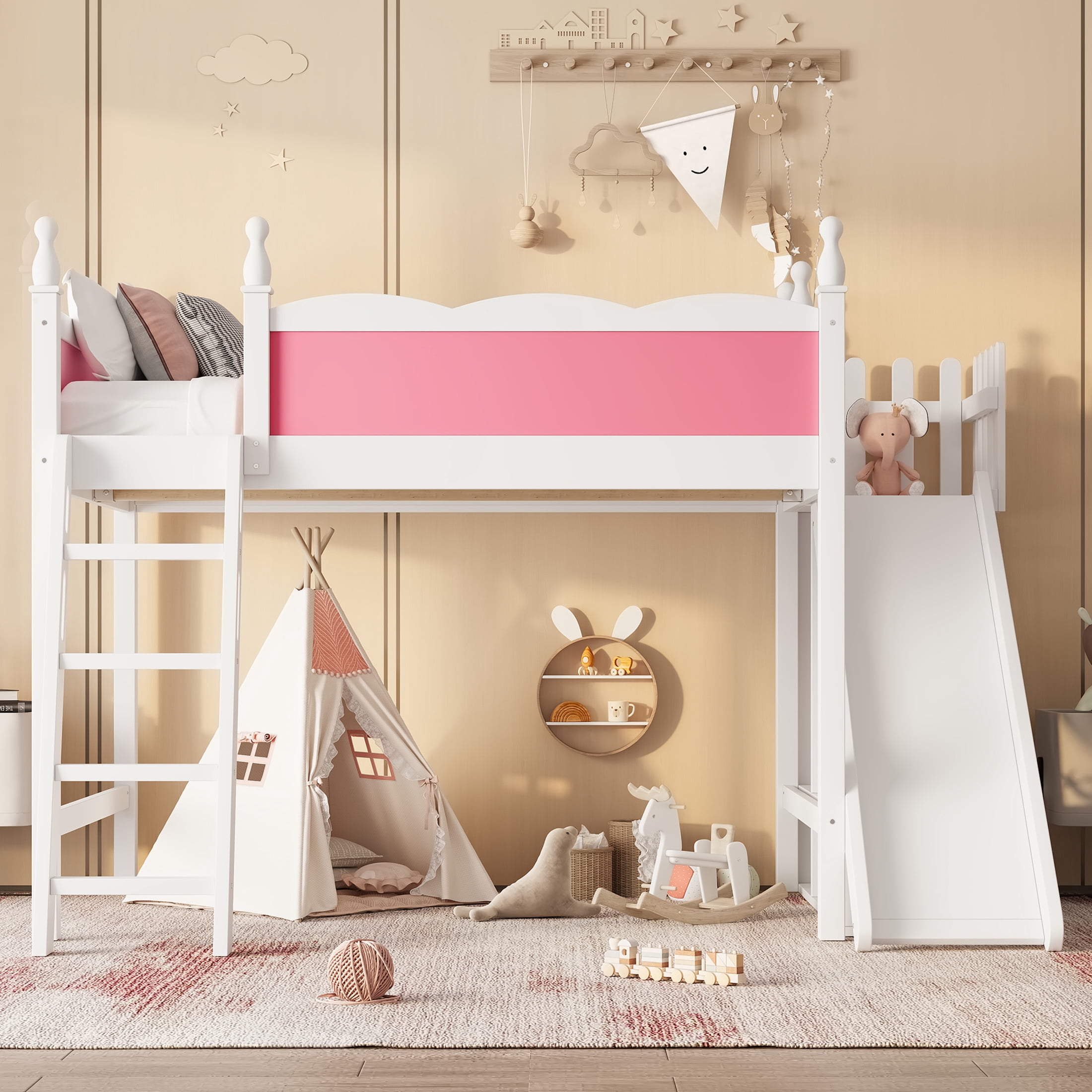 Noble House Full Loft Bed with Storage Shelves, Detachable Slide and Ladder, White + Pink