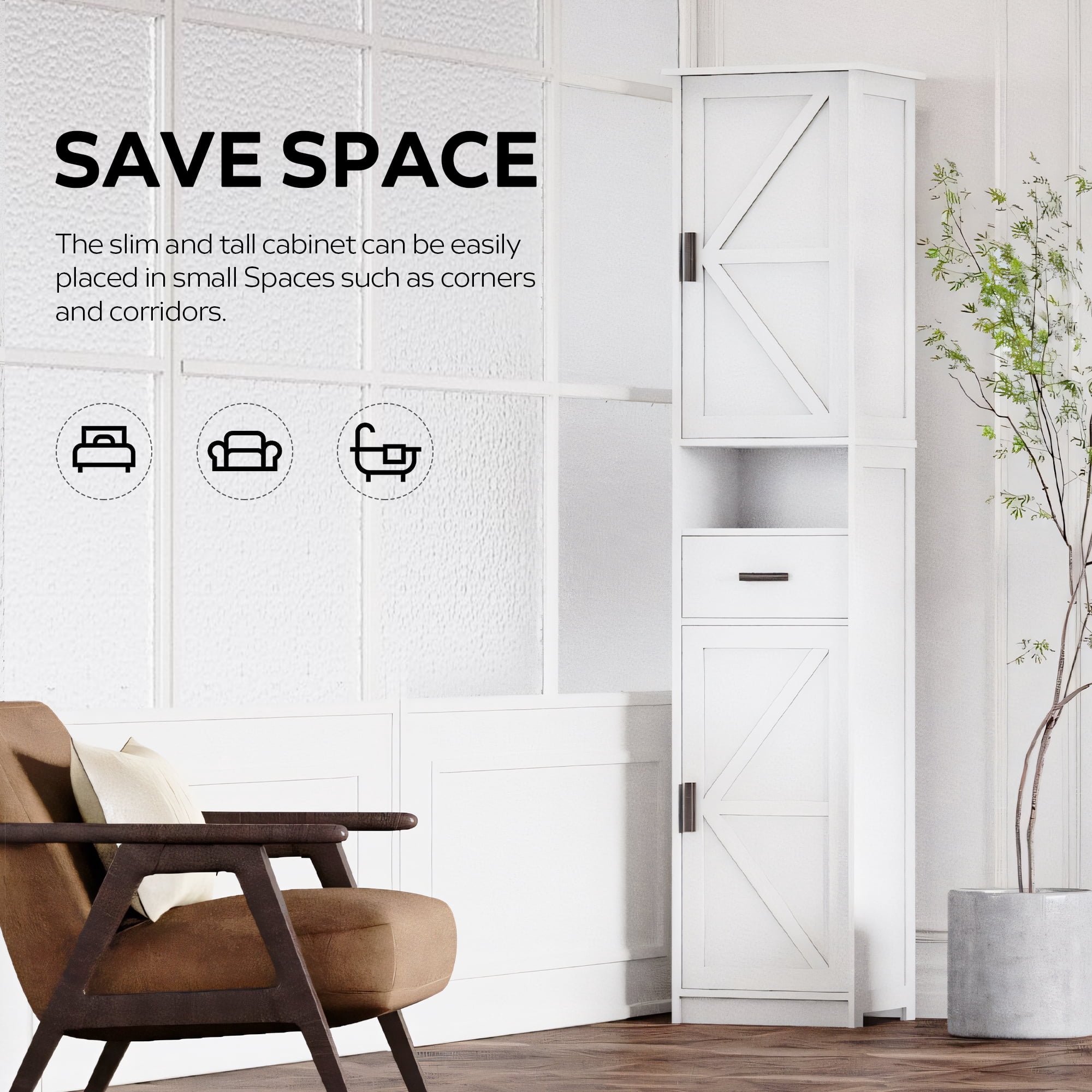 Leumius 69" H Tall Bathroom Storage Cabinet with Adjustable Shelve & 1 Drawer, Narrow Floor Storage Cabinet for Bathroom, Living Room, Entryway, Kitchen, White