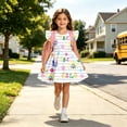 thumbnail image 4 of LILIYA Little Girls A-Line Dress Back to School School Cartoon Print Dress Floral Dress Cute Flutter Sleeve Lightweight Casual Summer Outfits Party Dress for Girls 1st 2nd 3rd Grade, 4 of 6