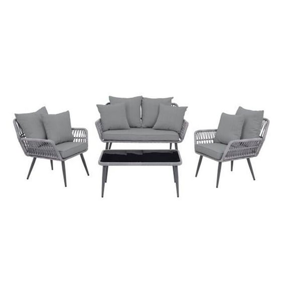 Portofino Rope Wicker Patio Conversation Set with Cushions, Gray - 4 Piece