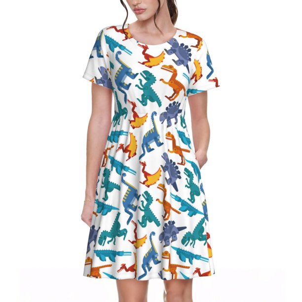 Balery Block Dinosaur Vestidos sueltos de manga corta para mujer, vestidos de verano 2025, vestidos casuales de corte A con vuelo.
