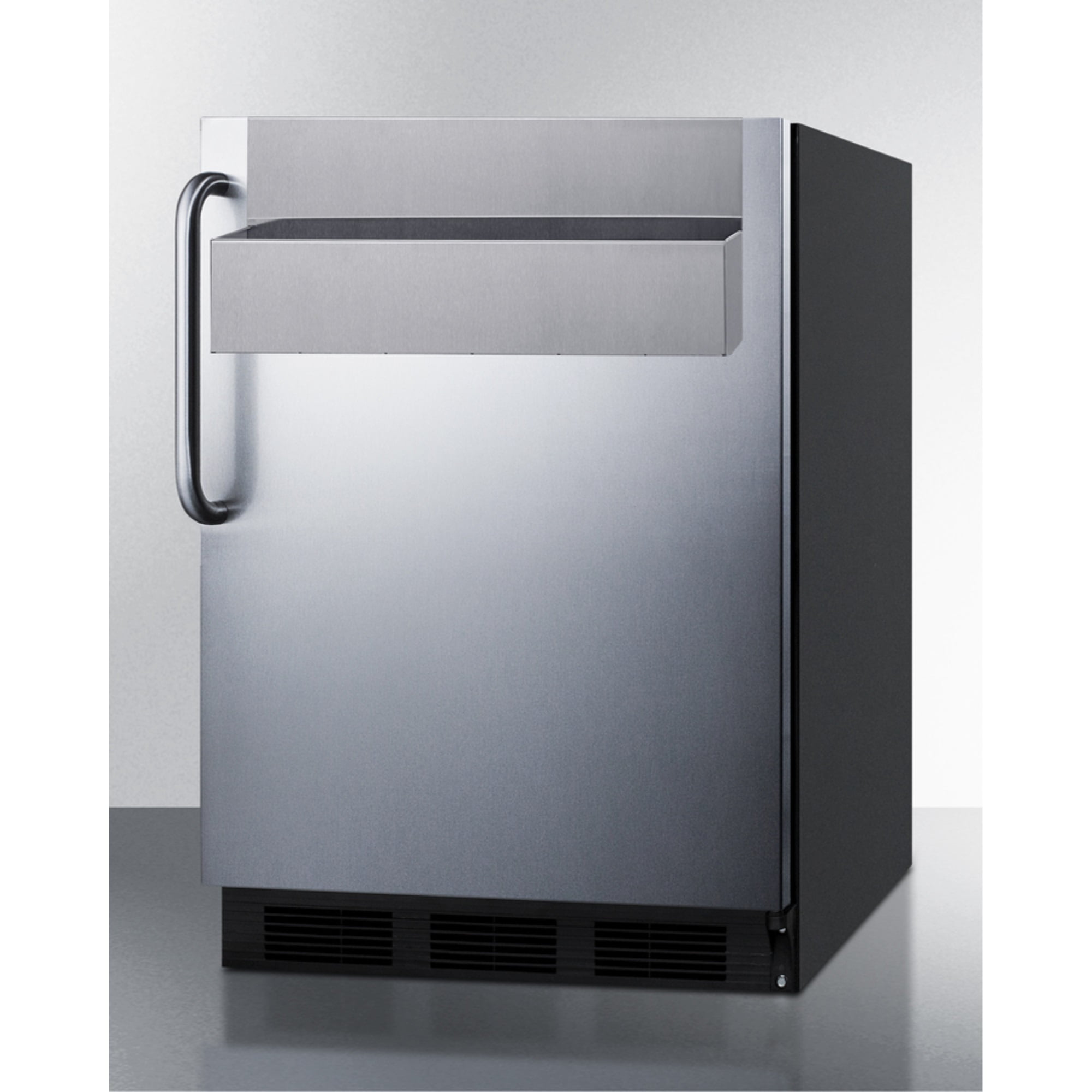 Commercially listed all-refrigerator with stainless steel door, removable speed rail, towel bar handle, and automatic defrost