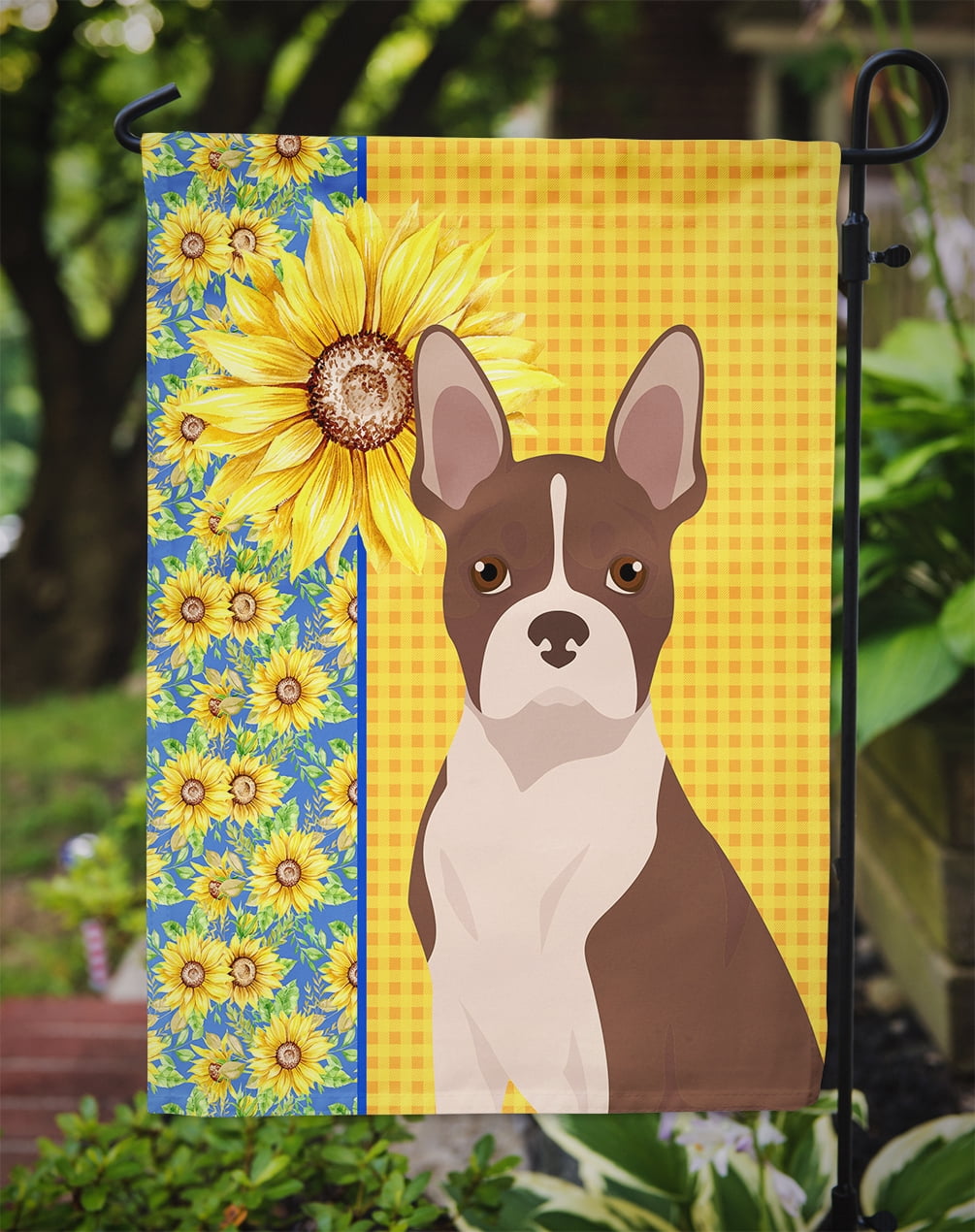 Summer Sunflowers Red Boston Terrier Flag Garden Size