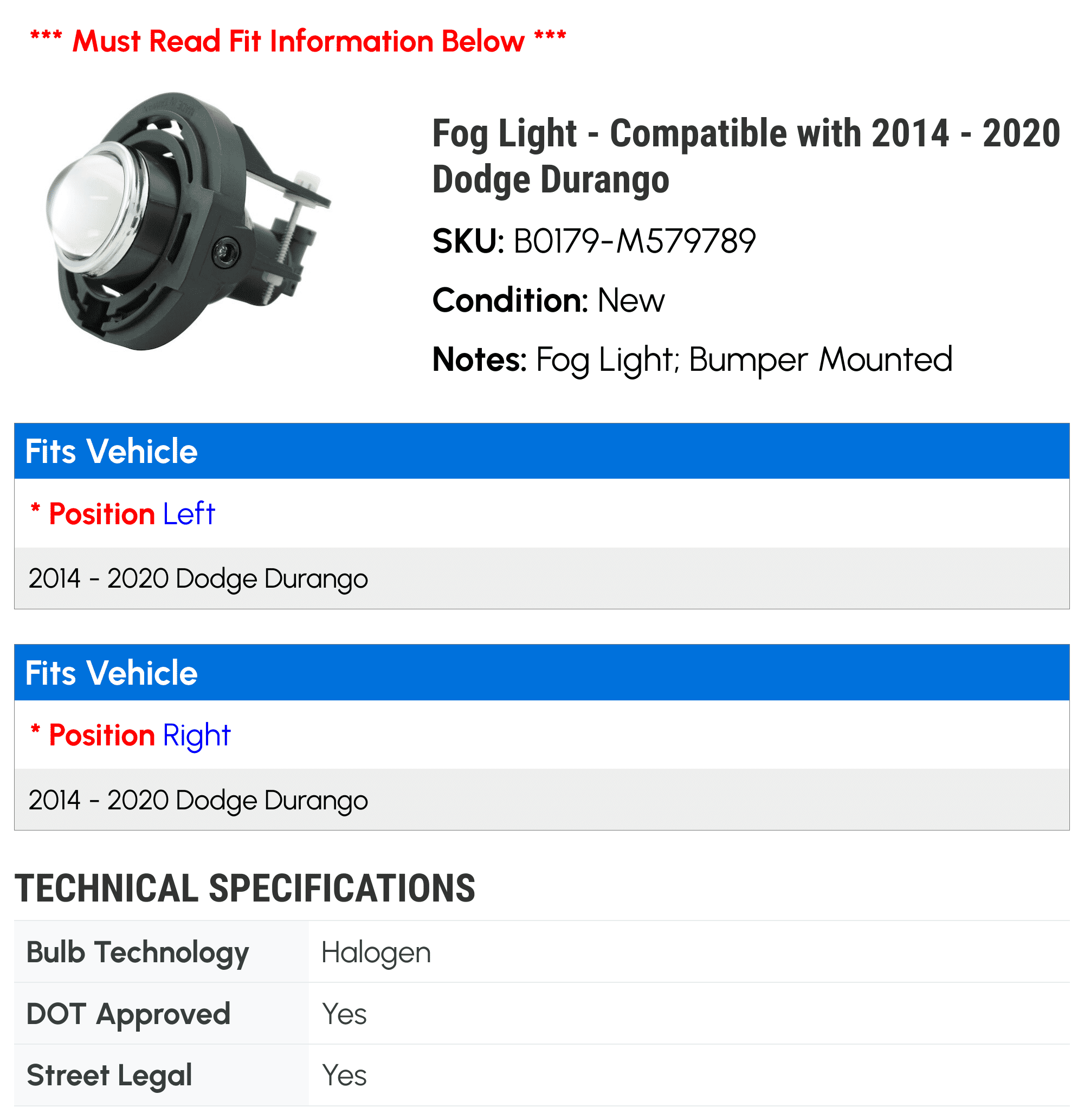 Fog Light - Compatible with 2014 - 2020 Dodge Durango 2015 2016 2017 2018 2019