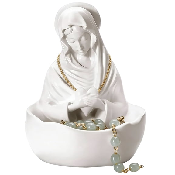 Virgin Mary Statue, White Resin Decoration Bowl, 5 x 4.3 x 4 in, Rosary Holder, Sacred Accents for Home Altar, Decorative Jewelry Tray
