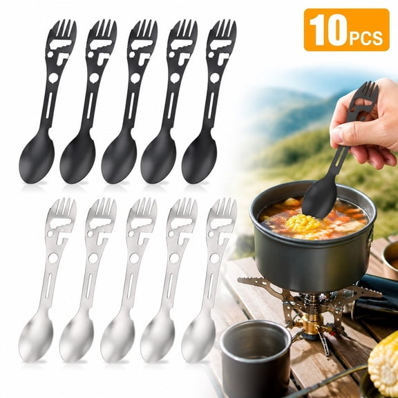 10 in 1 Camping Spork 10 Pack, Multifunctional Spoon Fork with Bottle Opener Wrench, Outdoor Survival Utensil, Silver Black