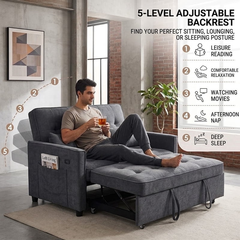 3-in-1 Convertible Sofa Bed with USB Charging Ports, Pull-Out Sleeper Sofa with Adjustable Backrest and Side Pocket, Compact Loveseat Couch for Living Room, Apartment, Dorm