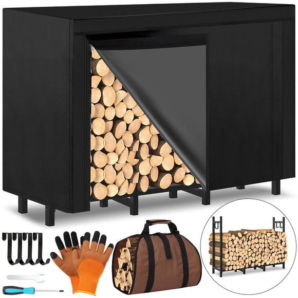 4FT Outdoor Firewood Rack, Wood Storage with 600D Waterproof Oxford Cover Heavy Duty 8 Legs Firewood Log Holder Indoor with Log C