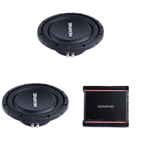 Memphis Audio 2 SRXS1044V 10" Street Reference Dual 4-Ohm Shallow Mount Subwoofers with SRX600.1V Mono 1-ohm 600 Watt Amplifier