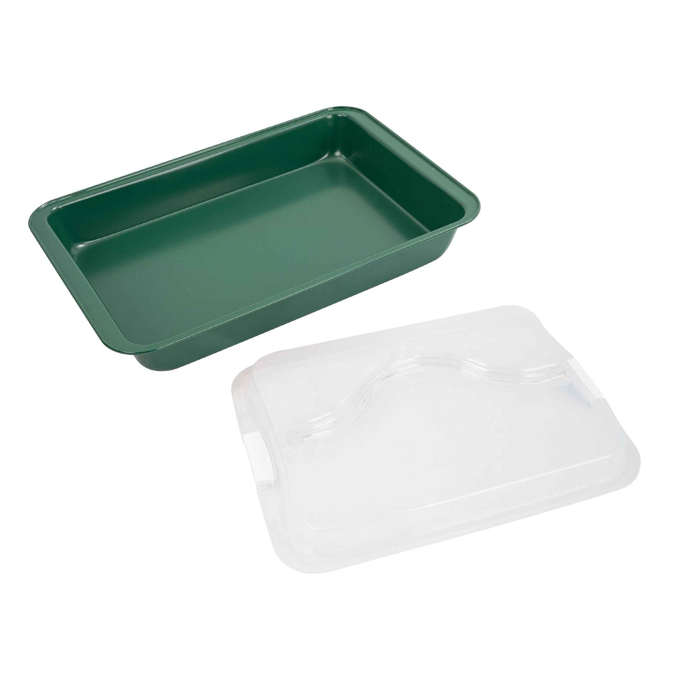 Holiday Time Bakeware Rectangular Cake Pan with Plastic Lid, Green, Handle, Non-Stick, Carbon Steel