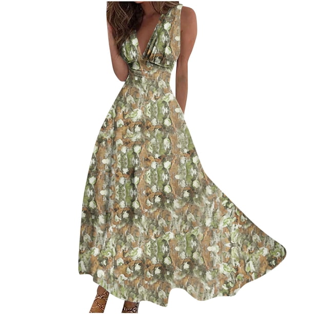 Vestido Corto de Verano de Moda sin Mangas con Cuello en V Impreso Vestido Casual Grande Del Doblado para Diario