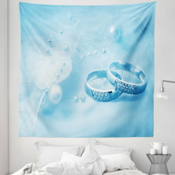 Pale Blue Tapestry, Engagement Rings Pearls on Pastel Colored Dreamy Background Art Print, Fabric Wall Hanging Decor for Bedroom Living Room Dorm, 5 Sizes, Pale Blue White, by Ambesonne