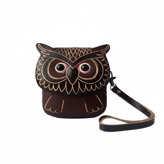 Cute Owl Leather Coin Purse for Women, Small Mini Change Purse with Wrist Lanyard, Portable Coin Pouch Wallet for Coins Keys Cards (Dark Brown Gold Trim)