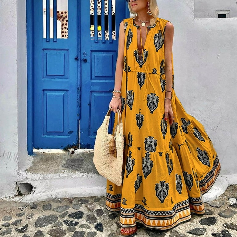 ZZwxWA Summer Dress for Women Casual Western Graphics Print Sleeveless  V-Neck Tank Maxi Dresses Loose Tie Ruffle Swing Elastic Waist Vintage Beach  Vacation Dresses Yellow xl - Walmart.com