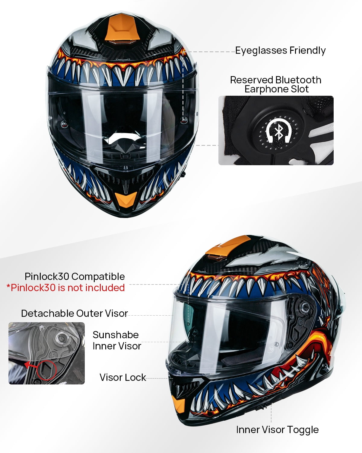 ILM Motorcycle Full Face Helmet 861C - Lightweight, Carbon Fiber, Dual Visor - DOT Certified (The Night Orange, M)