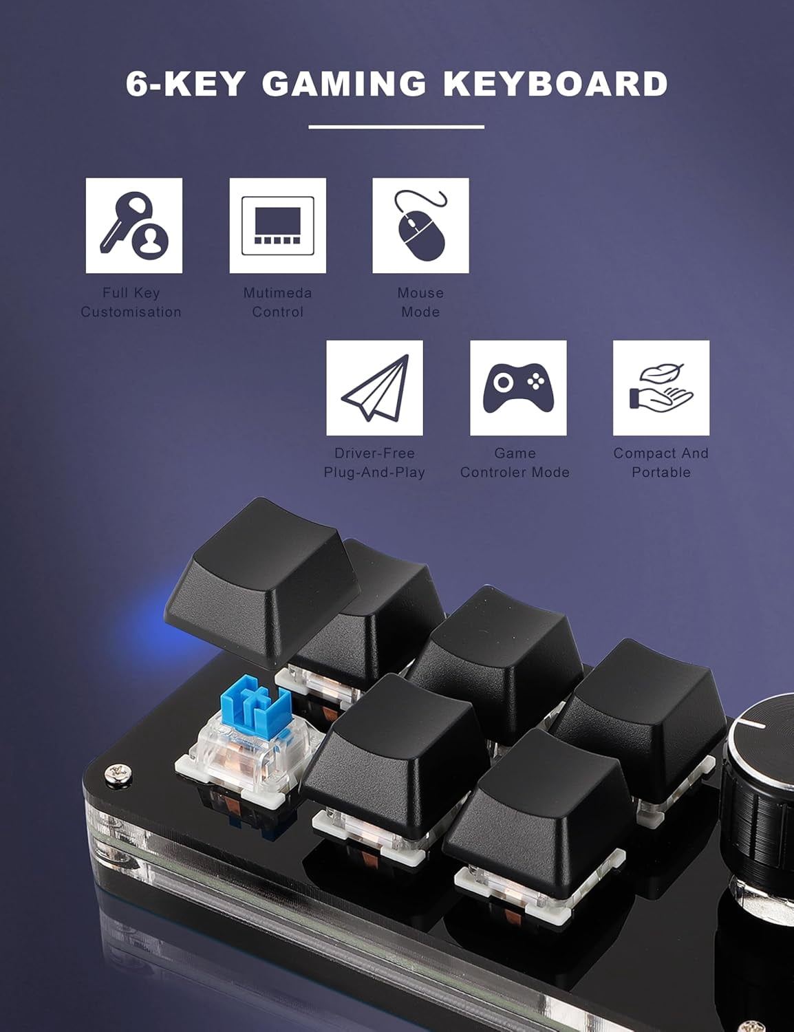 USB Mini 6Key Keypad Mechanical Programmable Gaming Keyboard Portable One Handed Mechanical Macro Pad Shortcut Programmable Keyboard with Knob for PC Gamer(Full Black)