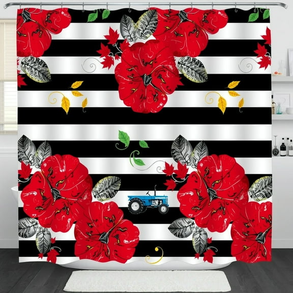 Vibrant Red Floral Shower Curtain with Bold Black & White Stripes