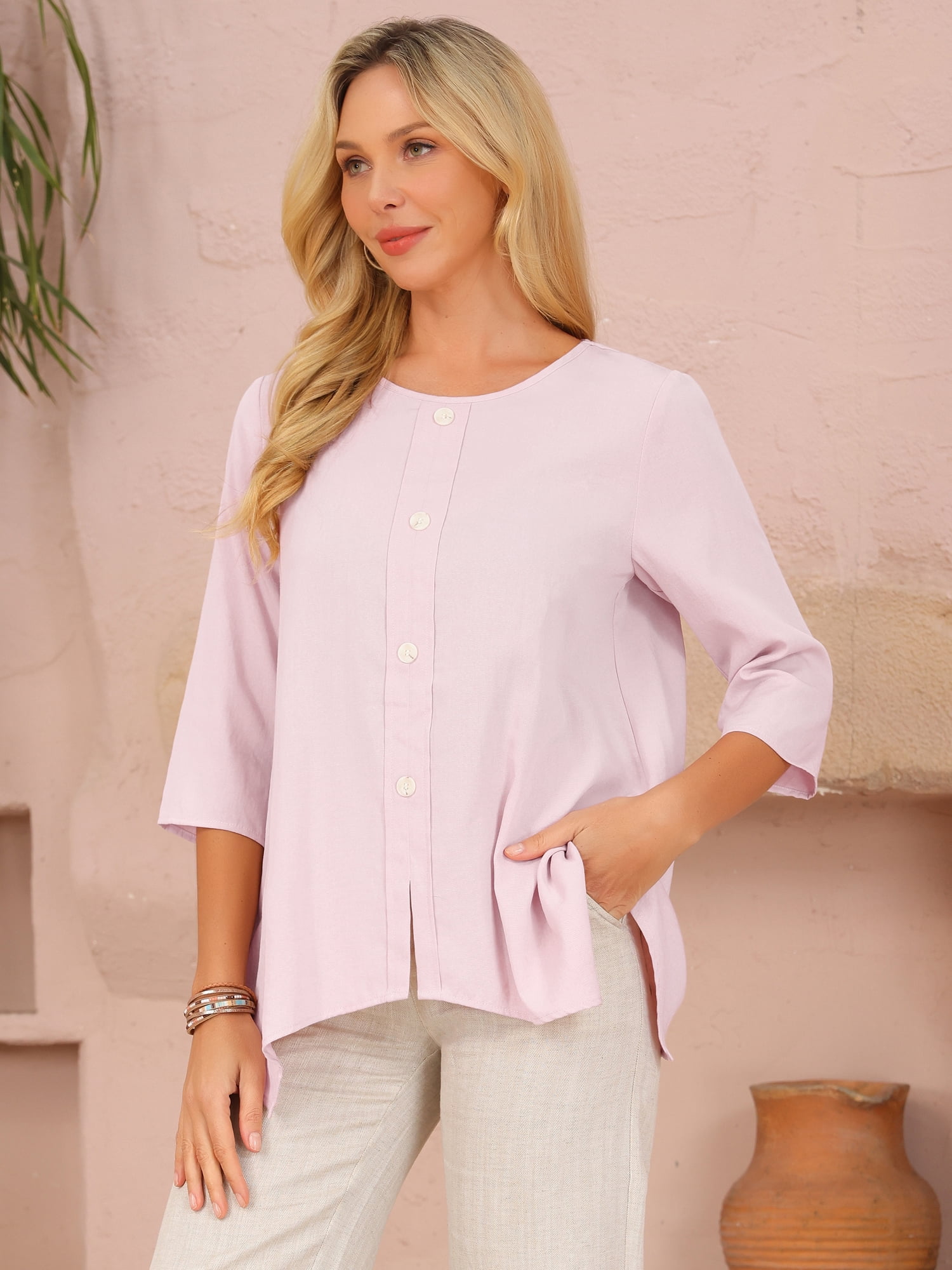 DARING DIVA Women's 3/4 Sleeve Crewneck Asymmetrical Hem Loose Shirt S Pink