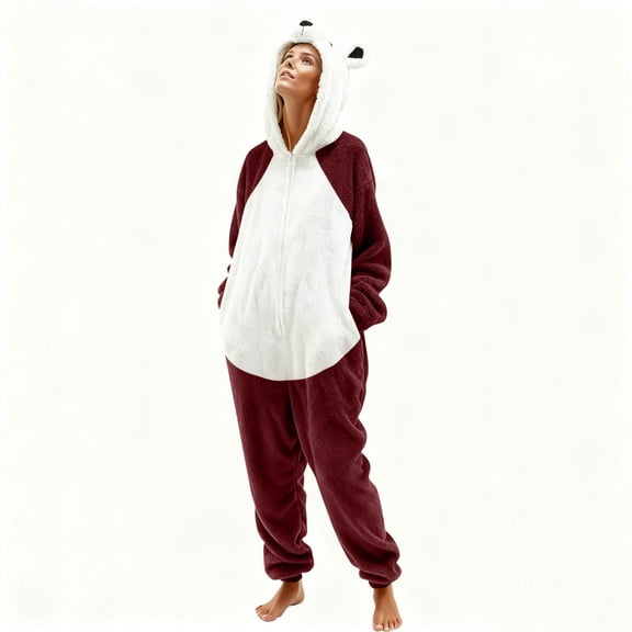 AUNVITO Unisex Adult Bear Print Fleece Pajamas Onesie with Pocket Cozy and Warm Winter Sleepwear
