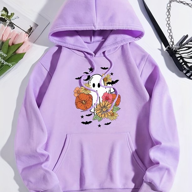Sudadera Con Capucha Con Bolsillo De Canguro Con Estampado De Halloween, Sudadera Con Capucha De Manga Larga Informal Con Cordón, Ropa De Mujer