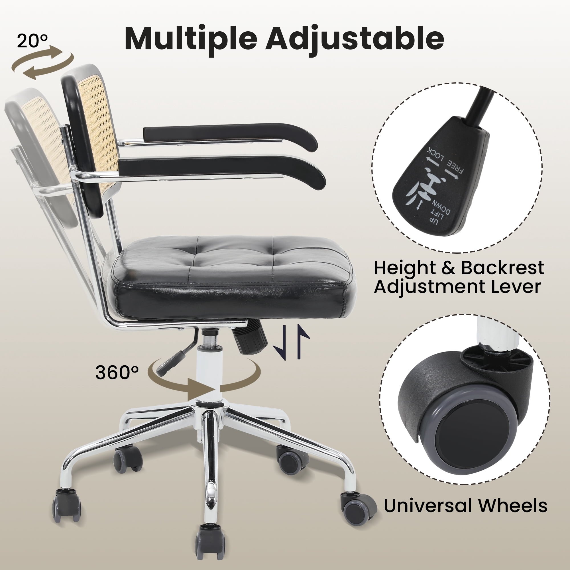 LOGYAT Modern Tiltable Rattan Desk Chairs with Wheels, 360° Swivel Vanity Chair, Height Adjustable, Armrest Home Office Desk Chairs, Faux PU Leather, Black